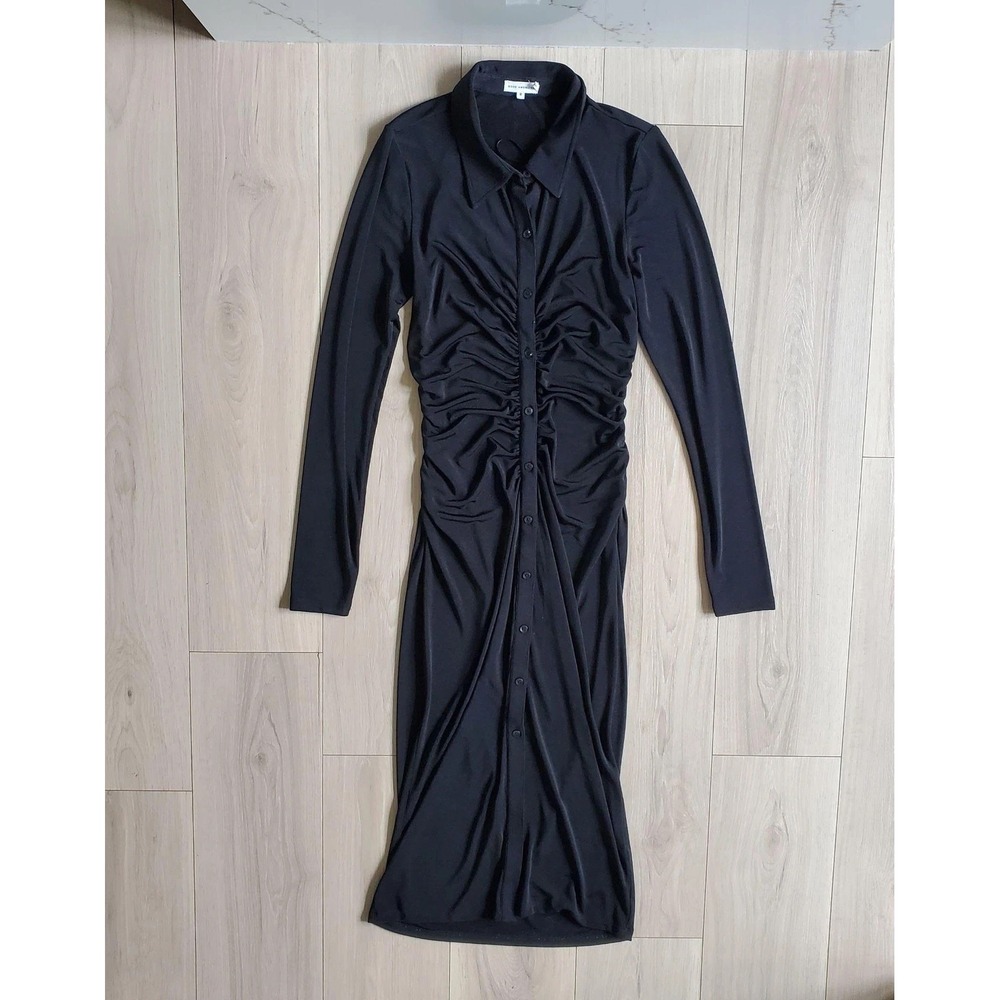 Good American Shirt Dress Womens 2 Black Ruched Button Collared Midi Bodycon